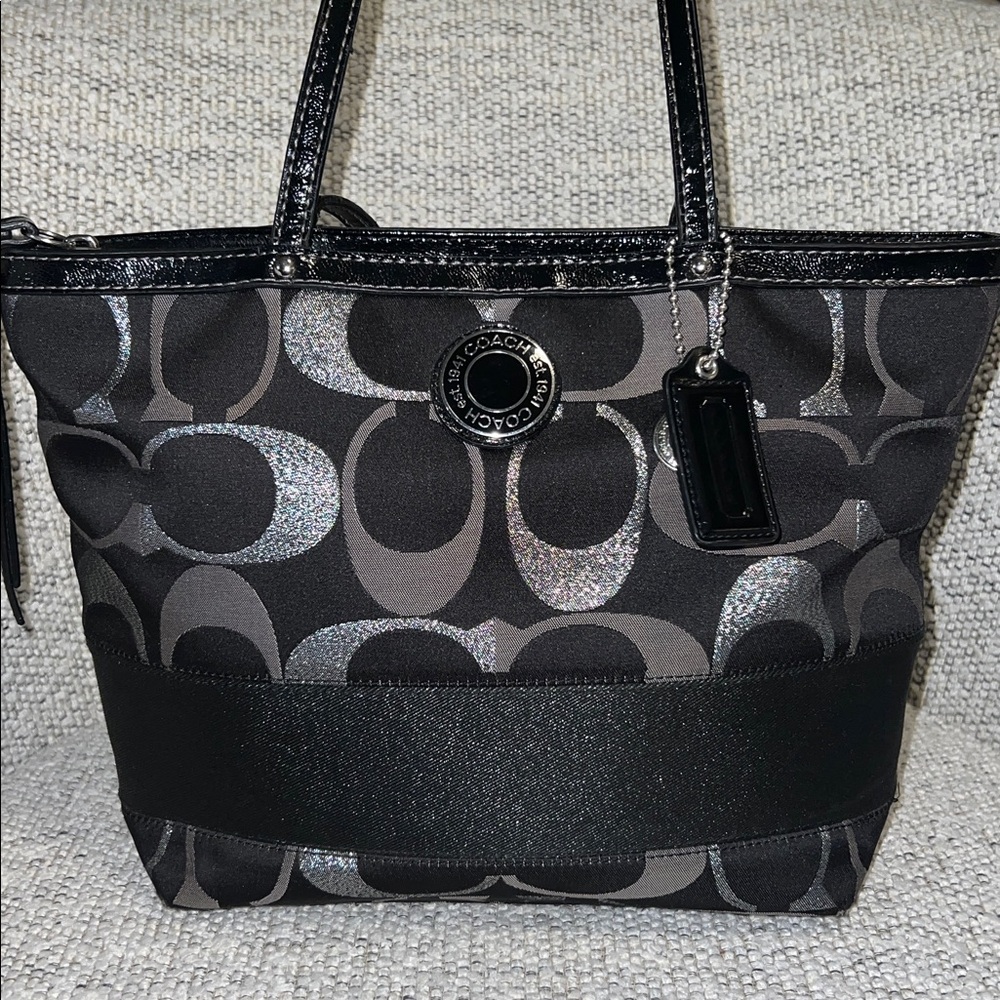 Coach Signature Metallic Stripe Tote Silver F20429